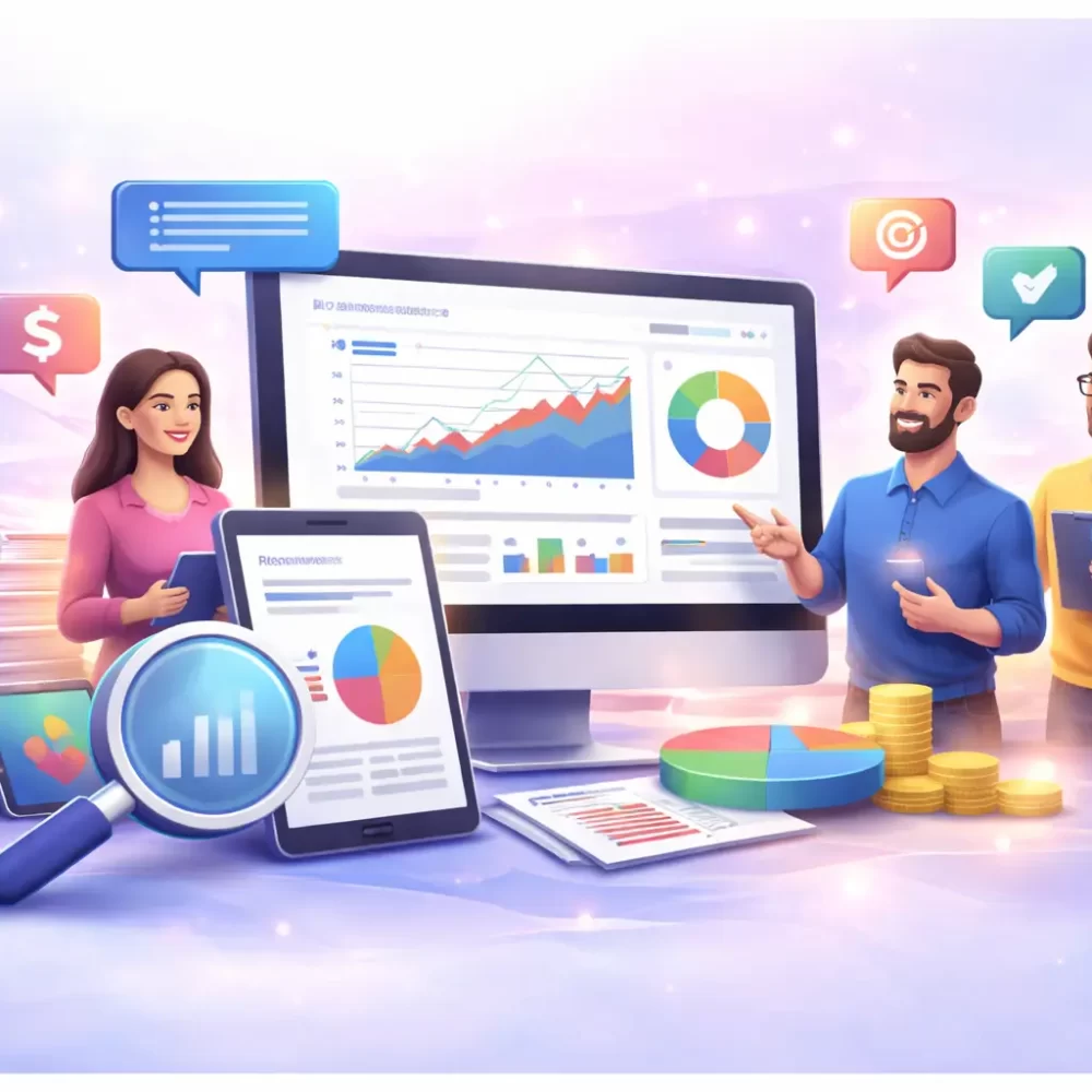 transparent digital marketing reporting with analytics dashboard, team reviewing data, performance charts and business insights